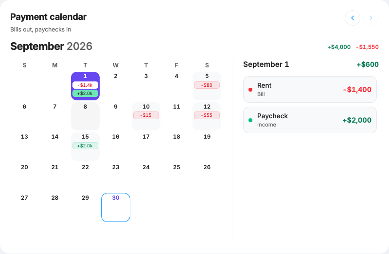 Payment calendar showing a sample rent payment and paycheck on the selected day