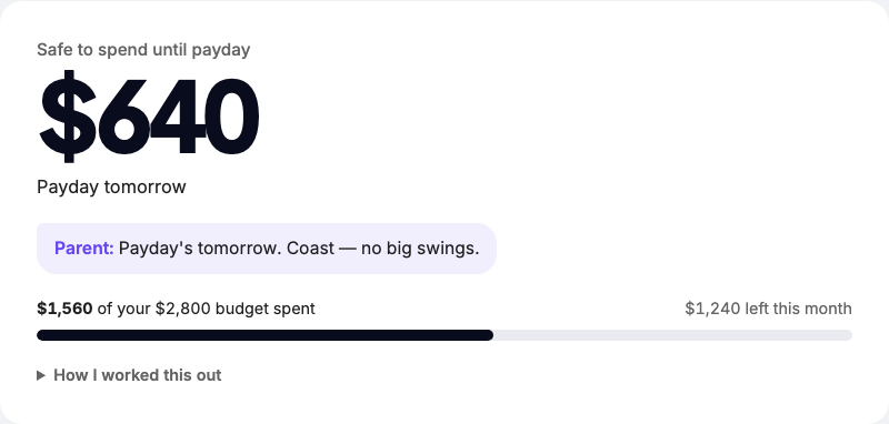 Sample home screen showing $640 safe to spend until payday, a Parent note and the monthly budget bar